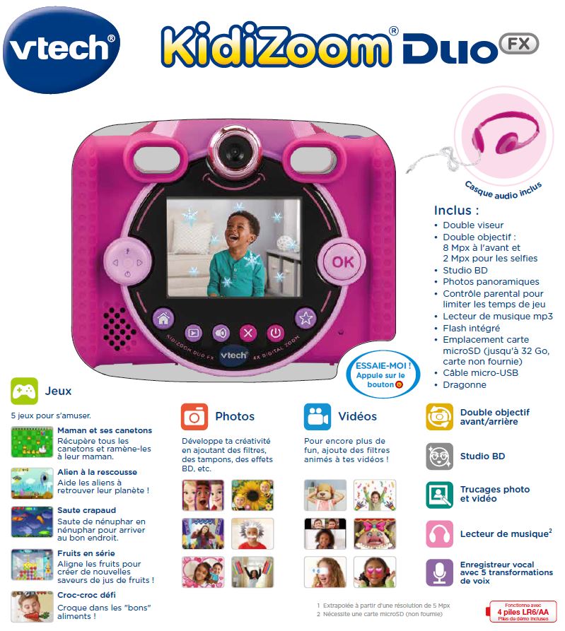 VTech appareil photo enfant Kidizoom Duo FX rose