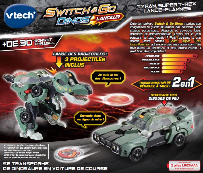 VTECH - Switch & Go Dinos Lanceur - Tyram, Super T-Rex Lance Flammes vert -  Vtech