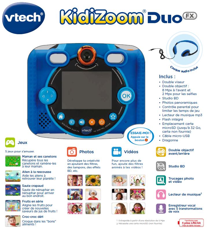 VTech - KidiZoom Duo FX Bleu, Appareil Photo Numérique Enfant