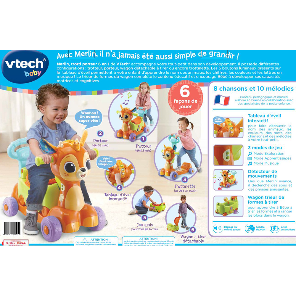 VTech - Trotteur porteur 6 en 1 évolutif et interactif pour bébé - Merlin