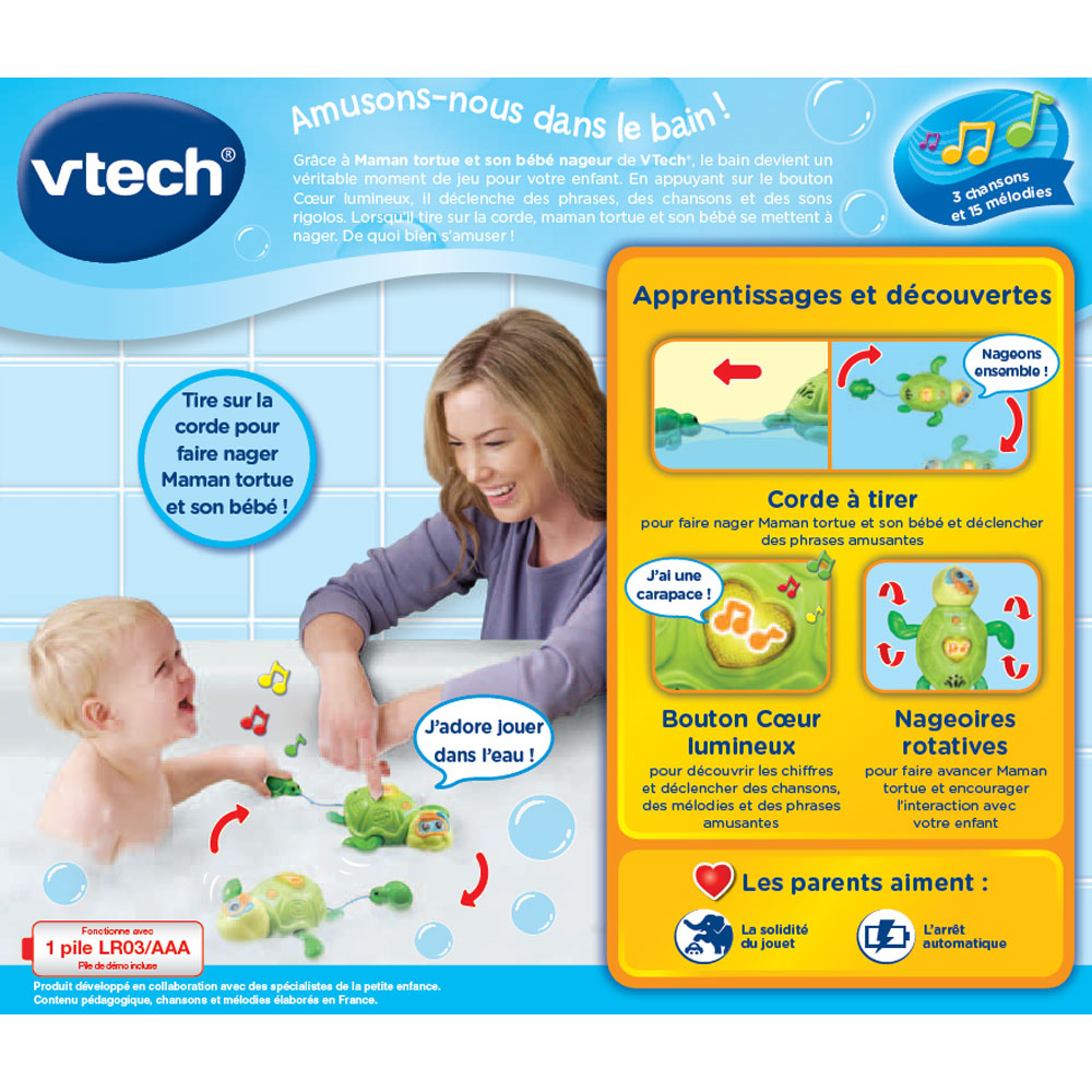 Vtech - Jouet pour le bain Vtech Maman tortue et son bébé nageur - Jeux  d'éveil - Rue du Commerce