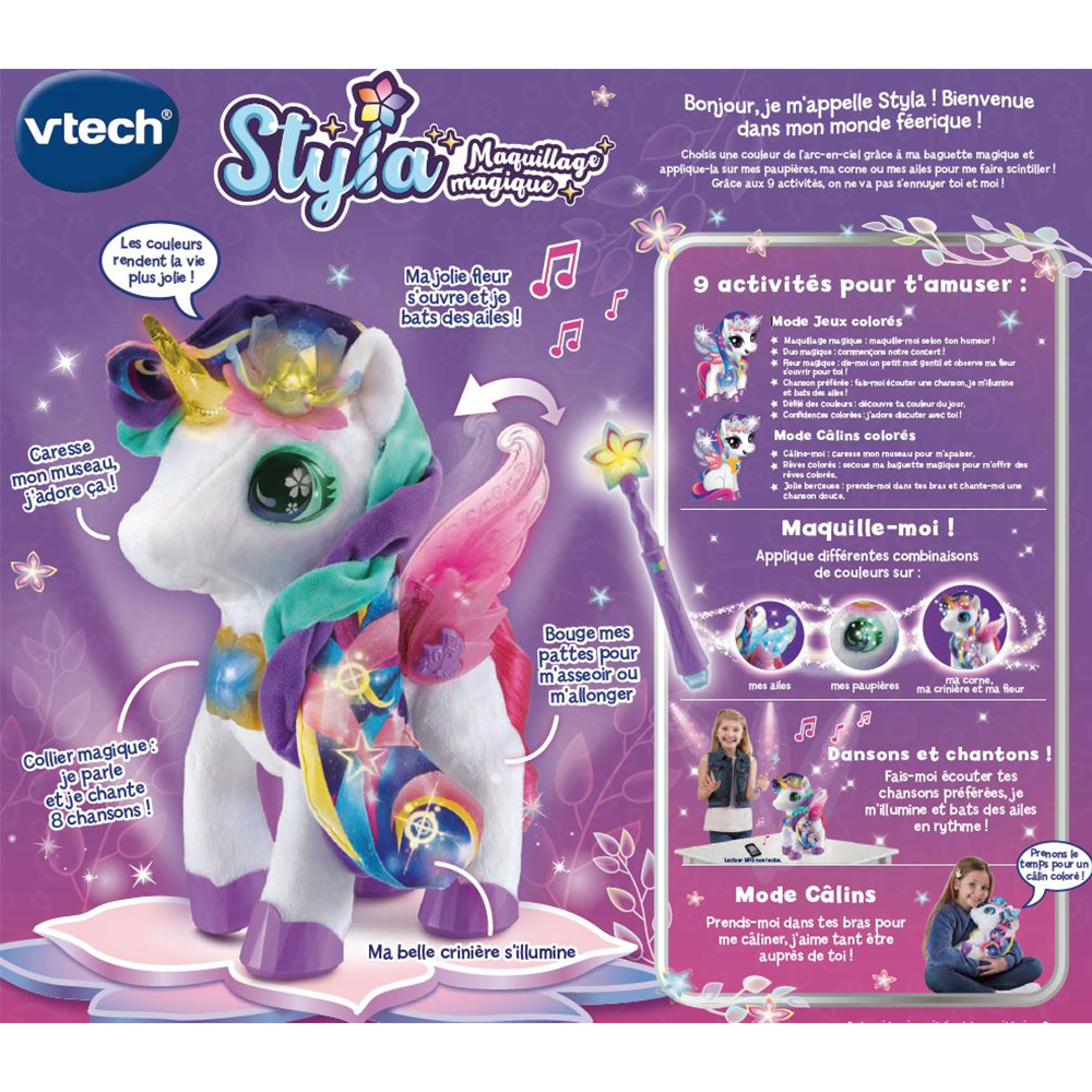 VTech Styla, ma licorne maquillage magique- Edition française, Jouet  interactif, animal de compagnie électronique chantant avec baguette magique  et accessoires de cheveux, enfants de 4 ans et plus