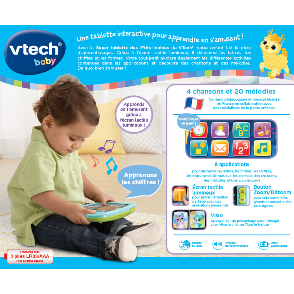 VTech - Super Tablette Des P'tits Loulous, première Tablette Enfant, jouet  bébé - 1/3 ans - Version FR